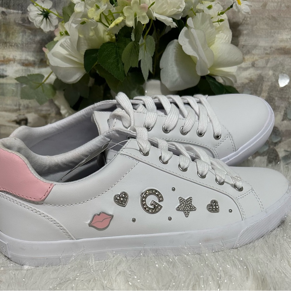 G by Guess White and Pink Embellished Sneakers